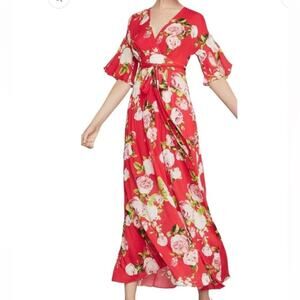 BcbgMaxazria Red Floral Maxi Dress Faux Wrap size large Flowers Tropical